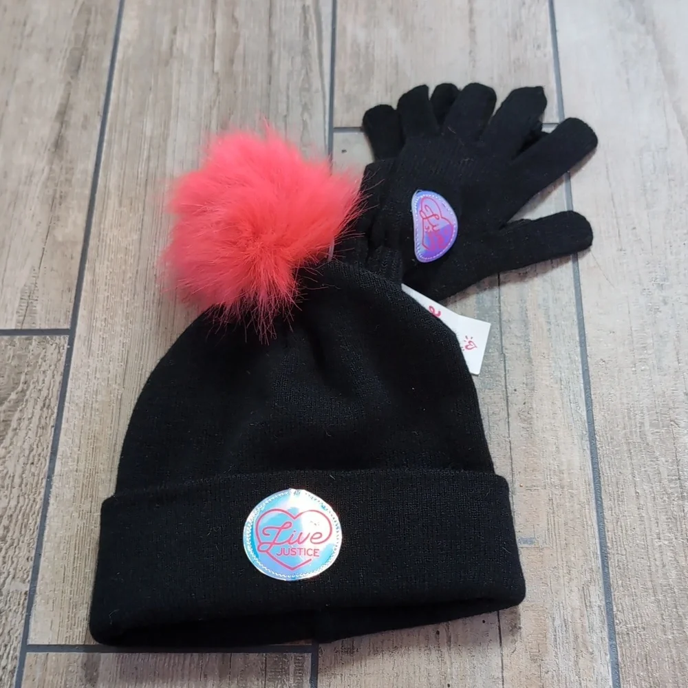 NWT Live Justice Kid's Matching Woven Winter Hat/Pom-Pom Beanie and Gloves